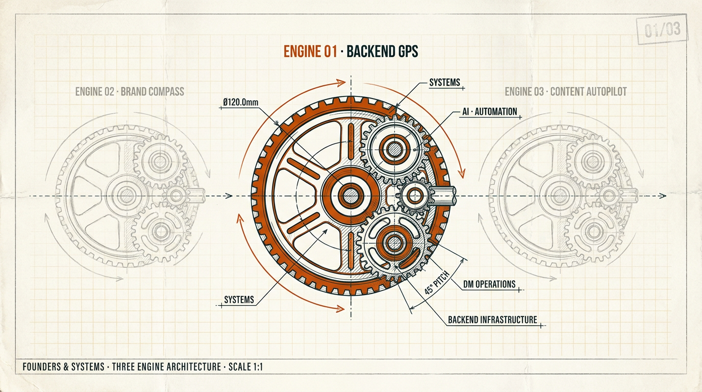 Three Engines architectural blueprint · Engine 01 Backend GPS highlighted, Engines 02 Brand Compass and 03 Content Autopilot dimmed